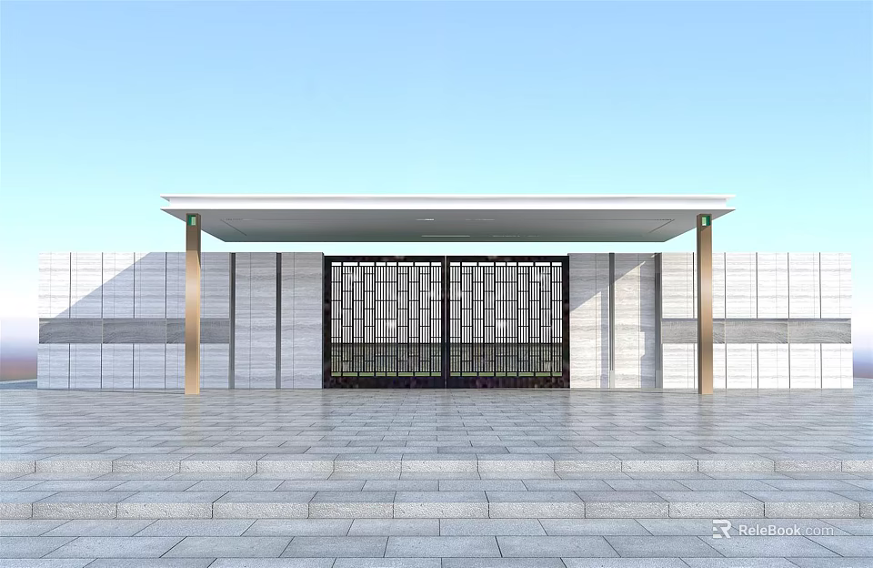 Modern Entrance Gate With White Canopy Black Grille And Gray Wall Front Stone Steps Design 3d model 