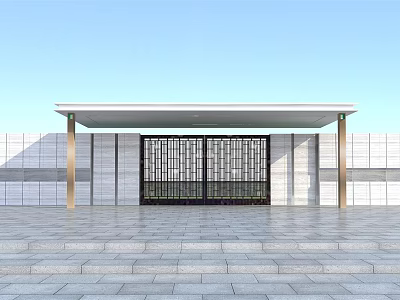 Modern Entrance Gate With White Canopy Black Grille And Gray Wall Front Stone Steps Design 3d model