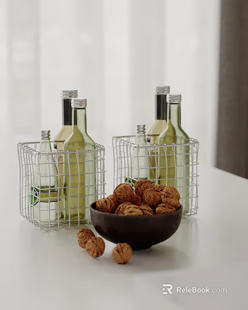 Metal Wire Baskets Holding Wine Bottles and Black Bowl With Walnuts on Tabletop 3d model 