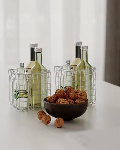 Metal Wire Baskets Holding Wine Bottles and Black Bowl With Walnuts on Tabletop 3d model