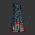 Elegant Blue Long Sleeve Dress with Red Accents and Tulle Hem Design