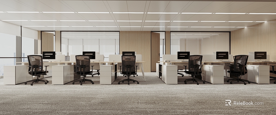 Modern Public Office Space With Ergonomic Desks Office Chairs And Computer Monitors 3d model 