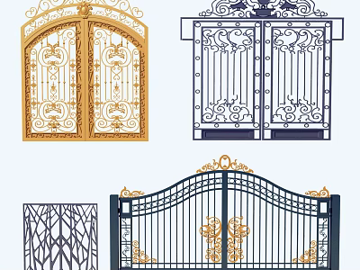 Wrought Iron Entrance Gates with Intricate Decorative Patterns and Various Designs in Gold and Blue 3d model