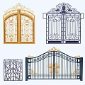 Wrought Iron Entrance Gates with Intricate Decorative Patterns and Various Designs in Gold and Blue