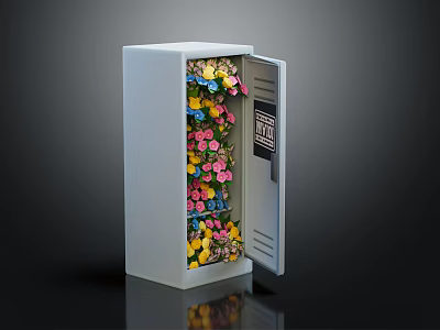 Modern White Entryway Side Cabinet With Open Door And Colorful Flowers Storage Design 3d model