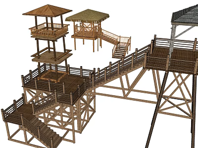 Elevated Wooden Tower With Multiple Platforms Staircases And Pavilions Design 3d model