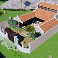 Detached Villa With Orange Roof And Reflection By Water With Palm Trees And Hills