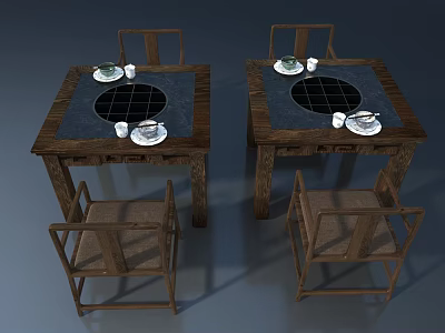 Hinged Door Design In Dining Space With Wooden Tables Chairs Plates And Cups 3d model