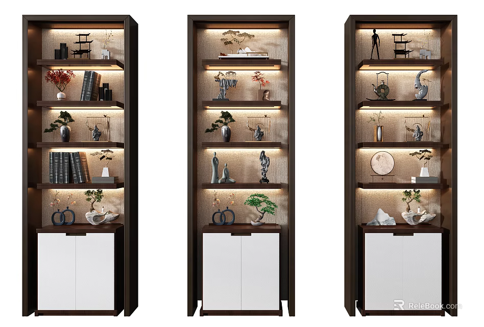 Three Modern Decorative Cabinets With Shelves Displaying Vases Plants Books And Sculptures 3d model 