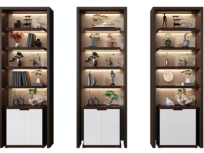Three Modern Decorative Cabinets With Shelves Displaying Vases Plants Books And Sculptures 3d model