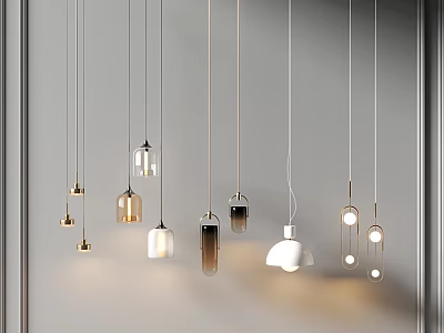 Various Modern Pendant Lights Hanging Against Grey Background With Different Designs 3d model
