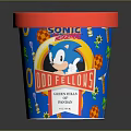 Colorful Ice Cream Container With Red Lid Blue Body Palm Trees And ODD FROST Branding