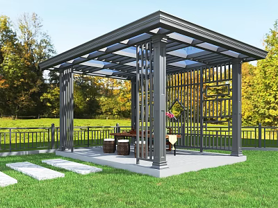 Outdoor Pavilion With Metal Frame Glass Roof In Grass Lawn With Trees Fence Table Chairs 3d model