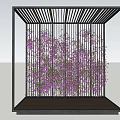 Modern Pergola with Black Metal Frame Latticed Roof Wooden Floor and Purple Vines