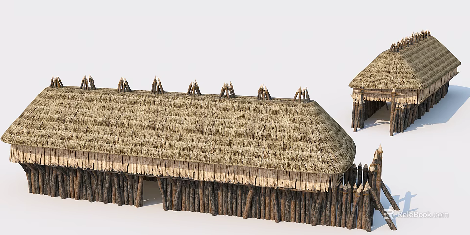 Traditional Thatched Roof Structure With Wooden Posts And Natural Materials 3d model 