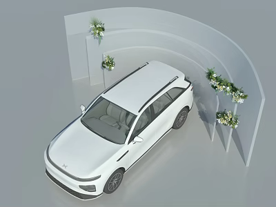White SUV Car Displayed With Curved White Structure And Decorative Flowers 3d model