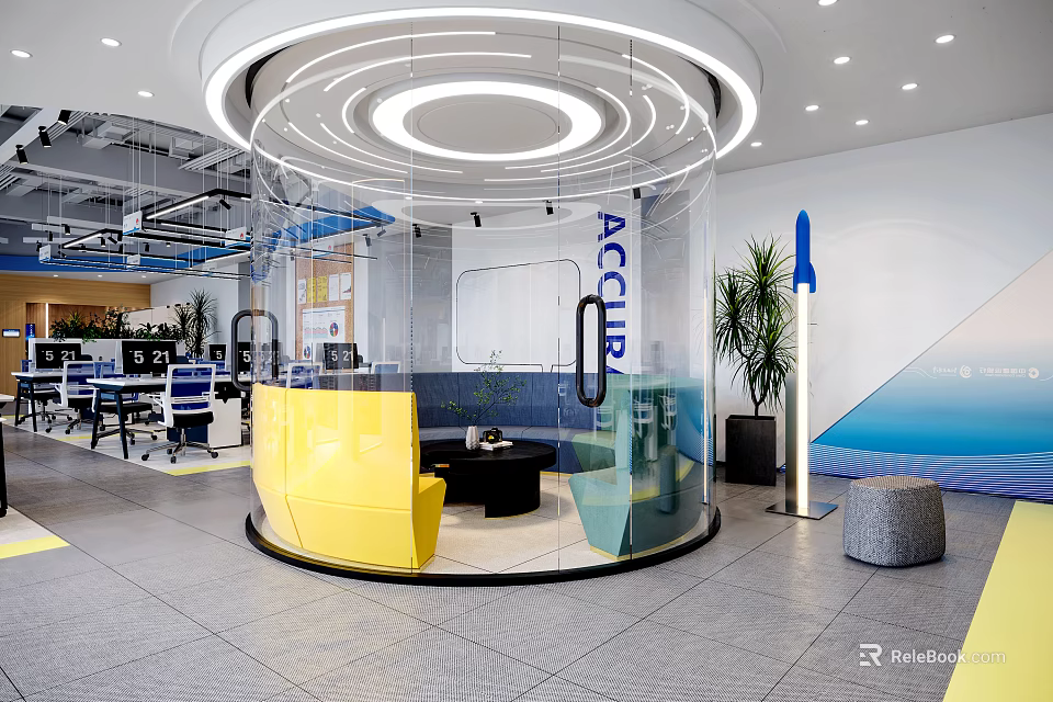 Modern Public Office Area with Open Glass Partition Yellow Sofa Black Coffee Table and Plant 3d model 