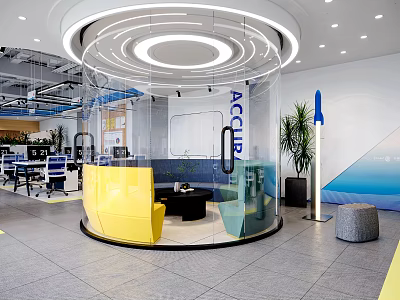 Modern Public Office Area with Open Glass Partition Yellow Sofa Black Coffee Table and Plant 3d model