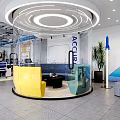 Modern Public Office Area with Open Glass Partition Yellow Sofa Black Coffee Table and Plant