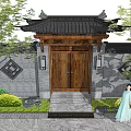 Traditional Chinese Entrance Gate With Black Tiled Roof Gray Brick Wall And Wooden Doors