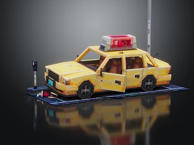 Yellow Police Car Doll With Open Door Roof Siren Parking Meter On Black Platform 3d model