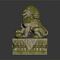 Ancient Style Stone Lion Statue With Moss Covered Surface And Carved Base