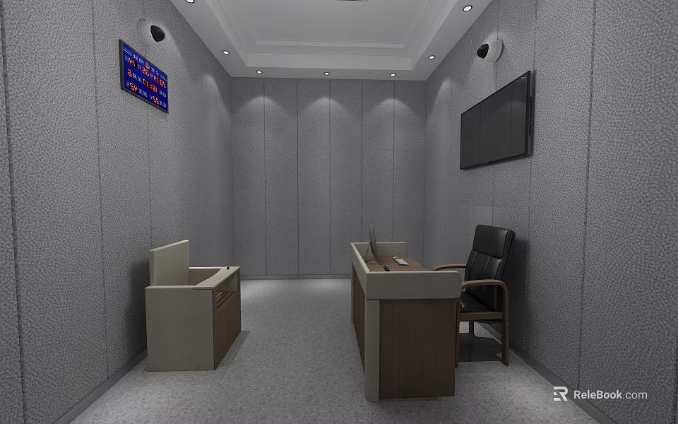 Security Monitoring Room With Gray Acoustic Walls Dual Monitor Screens And Office Desk Chair 3d model 