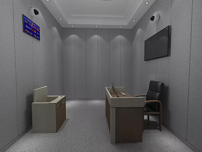 Security Monitoring Room With Gray Acoustic Walls Dual Monitor Screens And Office Desk Chair 3d model
