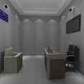 Security Monitoring Room With Gray Acoustic Walls Dual Monitor Screens And Office Desk Chair