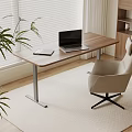 Modern Wooden Desk With Laptop Notebook Comfortable Chair Green Plant Bookshelf And Window Blinds