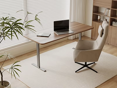 Modern Wooden Desk With Laptop Notebook Comfortable Chair Green Plant Bookshelf And Window Blinds 3d model