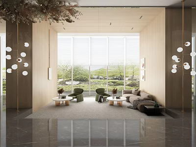 Modern Lounge Area Interior Design With Large Windows Sofa Coffee Table And Green Plants 3d model