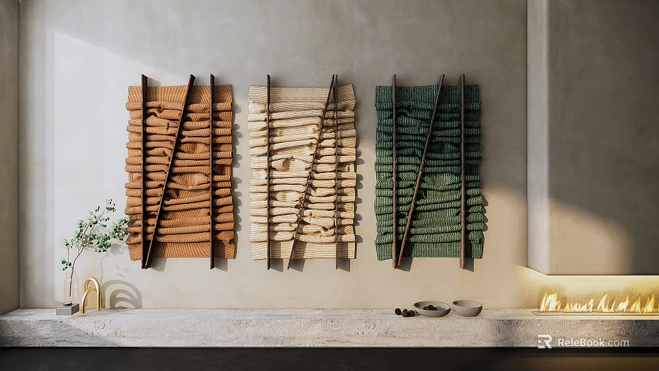 Modern Textured Wall Decor with Brown Beige Green Panels Hanging on Wall 3d model 
