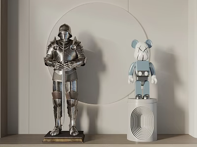 Artistic Sculptures Featuring Silver Knight Armor And Blue Cartoon Bear On Display Stands 3d model