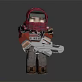 Pixelated Red Game Character In Helmet And Outfit With BOSS Logo Holding Silver Weapon