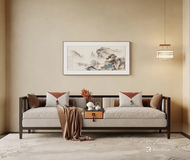 Elegant Living Room With Spacious Multi Person Sofa Landscape Painting And Hanging Lamp 3d model 