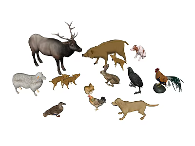 Diverse Collection of Farm and Wild Animals Including Deer Pig Sheep and Birds 3d model