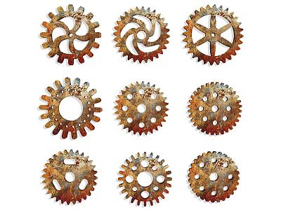 Assorted Metal Gears Hardware Tools with Various Designs Rustic Finish and Hole Details 3d model