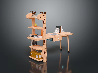 Giraffe Shaped Wooden Children's Desk With Bookshelf Storage And Study Books 3d model