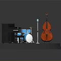 Stage Setup With Black Piano Blue Drum Set And Red Double Bass
