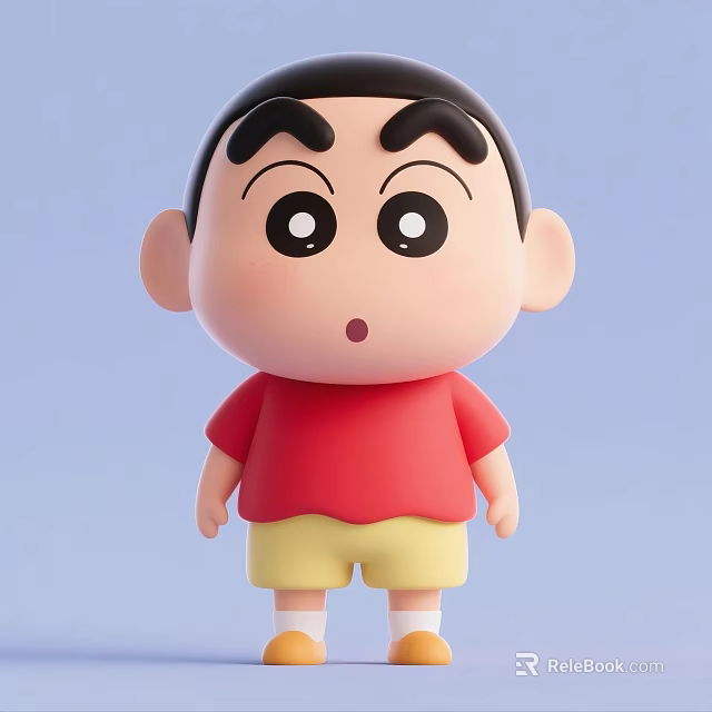Cartoon Boy With Thick Eyebrows Big Eyes Red Shirt Yellow Shorts And Light Blue Background 3d model 
