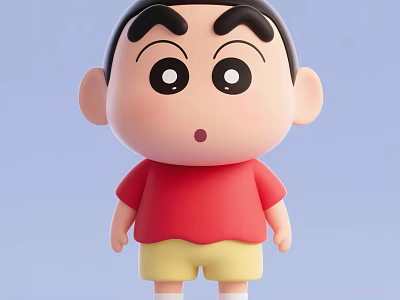Cartoon Boy With Thick Eyebrows Big Eyes Red Shirt Yellow Shorts And Light Blue Background 3d model