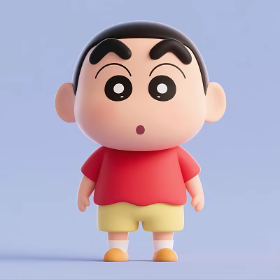 Cartoon Boy With Thick Eyebrows Big Eyes Red Shirt Yellow Shorts And Light Blue Background 3d model