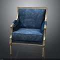 Elegant Blue Upholstered Chair With Gold Frame Armrests And Classic Legs