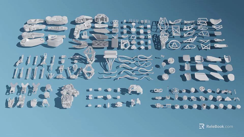 White 3D Printed Parts Collection With Various Types On Blue Background 3d model