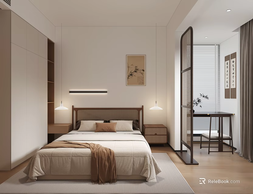 Minimalist Bedroom Interior With Bed Nightstands Table Lamps Decorative Painting Room Divider And Wooden Floor 3d model 