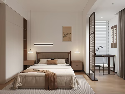 Minimalist Bedroom Interior With Bed Nightstands Table Lamps Decorative Painting Room Divider And Wooden Floor 3d model