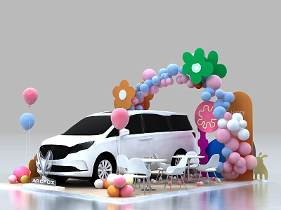 Colorful Hanging Decorations With Flowers And Balloons For Car Event Display Booth 3d model