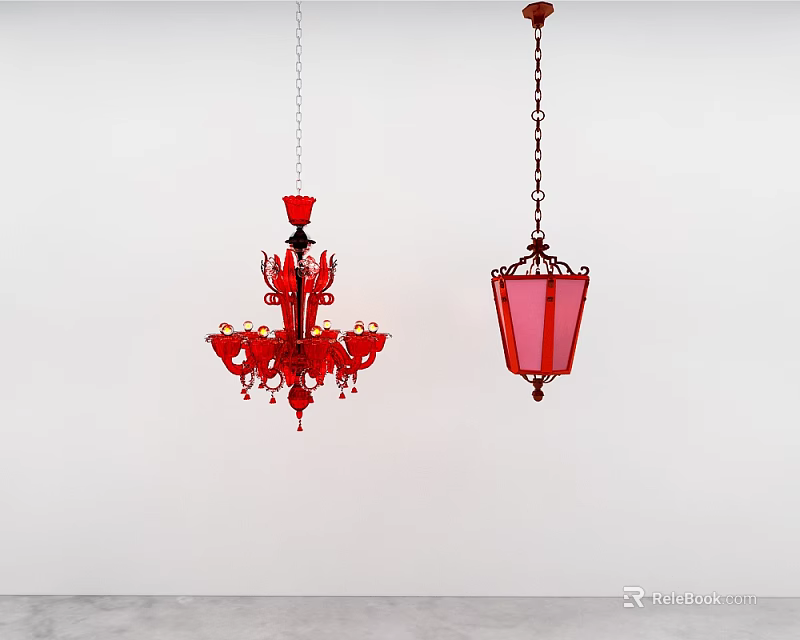 Two Decorative Red Chandeliers With Different Designs Hanging In White Interior Space 3d model