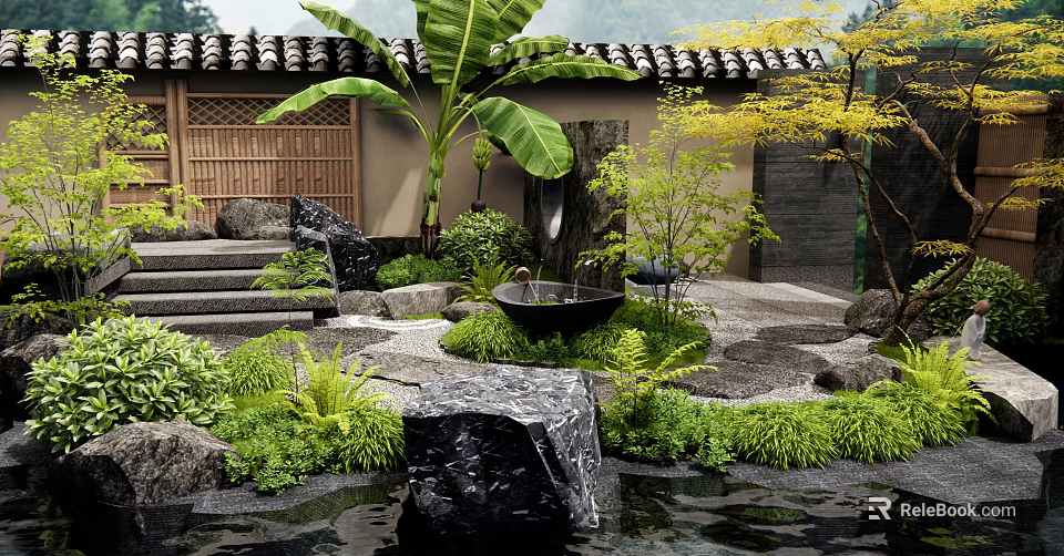 Serene Courtyard Garden With Stone Steps Banana Tree And Black Stone Fountain 3d model 